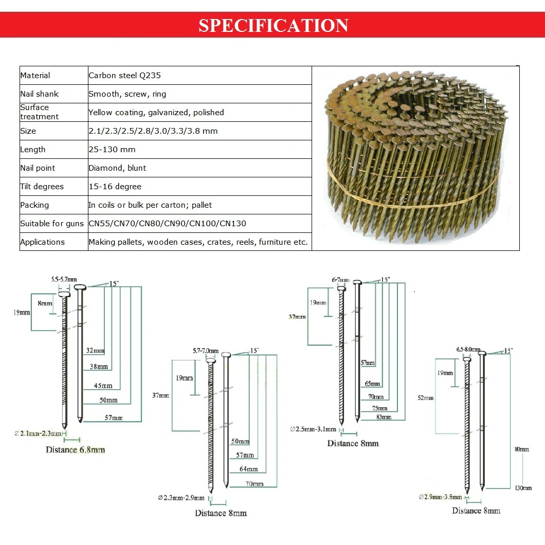 Wire Collated Coil Nail 2.5mm X 65mm for Wooden Pallet